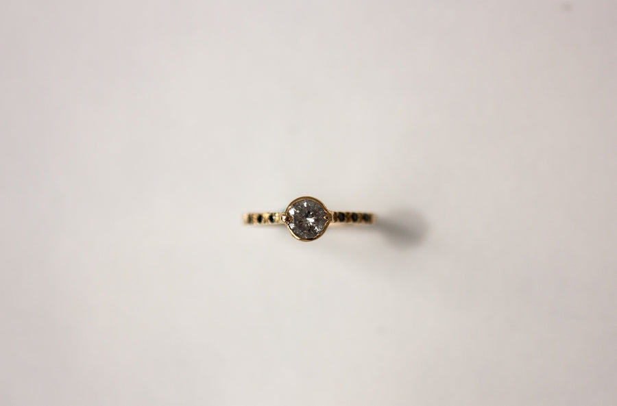 Denver engagement ring. Handcrafted 14k gold salt and pepper diamond with 6 black diamonds 