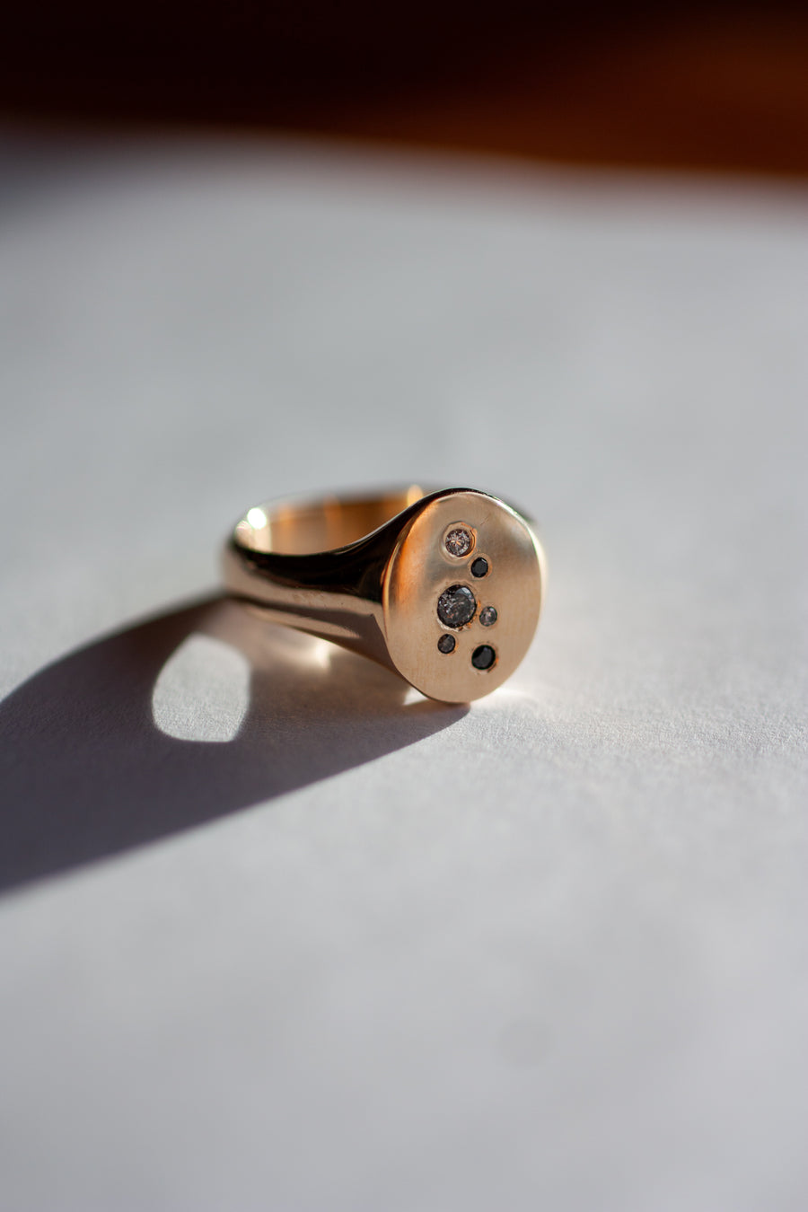 Chunky 14k gold ring w/ 6 unique diamonds. Made to order.